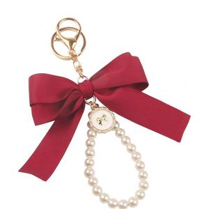 Creative <b>Large</b> Silk Ribbon Bow Knot Pearl Tassel <b>Key</b> <b>Ring</b> Rhinestone Crystal Keychain Silk Screen Fashion for Women Girl - Product Image 6