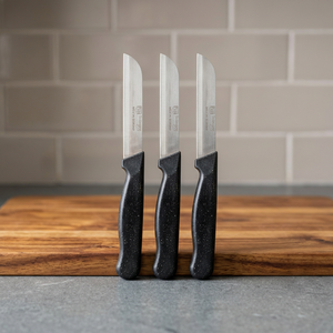 Juego de cuchillos de cocina dentados negros con purpurina de 3 piezas de acero inoxidable 3Cr13 con mango de plástico para cortar frutas y verduras - Product Image 2