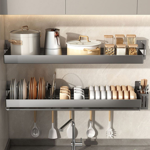 Grand égouttoir à vaisselle en acier inoxydable pour cuisine et salle de bain, à 2 niveaux, avec porte-gobelets intégré, style vintage - Product Image 1