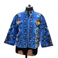 Jaket Varsity Rajasthani Bunga-bunga Beludru Buatan Tangan Hijau Mint Bordir Aari Artisan Bernapas Nyaman untuk Musim Dingin, Semi, dan Gugur Berbahan Katun