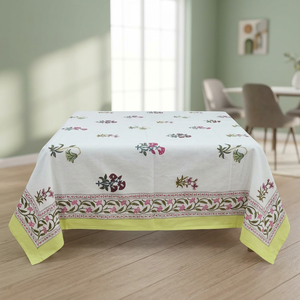 Nappe de table rectangulaire en coton imprimé de luxe classique haut de gamme, faite à la main, écologique, lavable, pour usage domestique, blanche avec motif rose et vert - Product Image 1