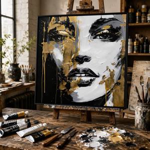 <span class=keywords><strong>Peinture</strong></span> à l'huile <span class=keywords><strong>abstraite</strong></span> de portrait de femme africaine avec des éclaboussures dorées, <span class=keywords><strong>noir</strong></span>, blanc, <span class=keywords><strong>or</strong></span>, visage expressif, décoration murale pour les intérieurs - Product Image 1