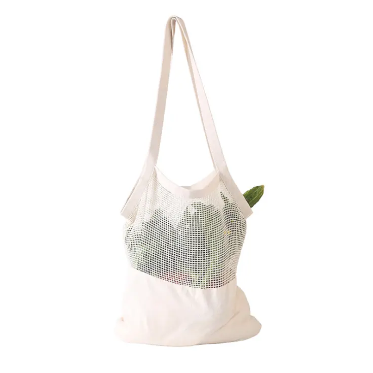 Toptan dayanıklı yeniden kullanılabilir özel logo meyve sebze organik pamuk kanvas tote çanta örgü tote çanta üretmek alışveriş çantası