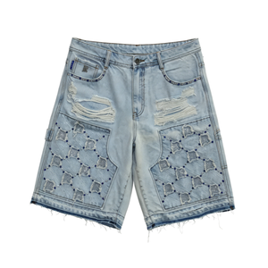 Jean en denim coupe droite taille mi-haute, longueur genou, en tissu denim lavable et résistant à la décoloration, avec surpiqûres à motif quadrillé orné - Product Image 3