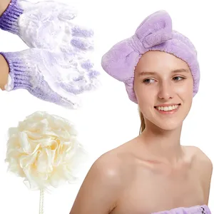 Hair Headband to Wash Face for Makeup Spa, Microfiber Bowtie Shower Headband for Women and Girls bath sponge and glove