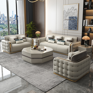 Sofá Chesterfield de Cuero Moderno y Lujoso para Sala de Estar, Juego de Muebles con Decoración de Acero Inoxidable Dorado, Sofás de 1, 2 y 3 Plazas - Product Image 3