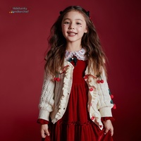 Hidehanky Cardigan pour fille, en coton doux, tricoté, brodé de cerises, col rabattu à volants, pull de Noël