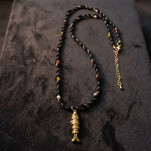 Collier en cordon torsadé bleu marine fait main Sstringz avec pendentif poisson en or antique et accents de perles multicolores, style bohème côtier - Product Image 2