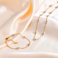 Ensemble collier et bracelet en acier inoxydable plaqué or 18 carats PVD, imperméable, pour femmes, avec perles, bijoux de mode, vente en gros, Halskette