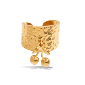 Fashion <b>Rings</b> Cherry Pendant Hammered <b>Open</b> Cuff Gold Tone Unisex Jewelry Gift - Product Image 1