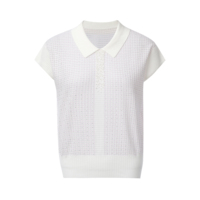 Blusa de punto transpirable blanca de verano para mujer con cuello polo, manga casquillo y diseño de rejilla hueca con puntos de diamantes de imitación