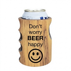Portabottiglie in legno con scritta 'Don't Worry Beer Happy' e design con faccina sorridente per feste - Product Image 1