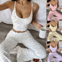 Pyjama à Bretelles Femme Sweethoney – Ensemble Décontracté et Sexy avec Débardeur et Pantalon à Bord Côtelé à Motifs Floraux – Style Européen et Américain pour la Maison