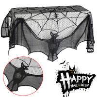 Rideaux d'Halloween en dentelle noire avec toile d'araignée et chauve-souris, Tapis de cheminée d'Halloween, Décoration de nappe toile d'araignée et chauve-souris