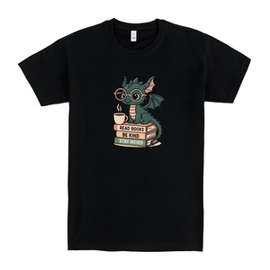 T-shirt Dragons And Books, nera, unisex, taglia media per adulti, con grafica di un simpatico drago che legge i libri - Product Image 2
