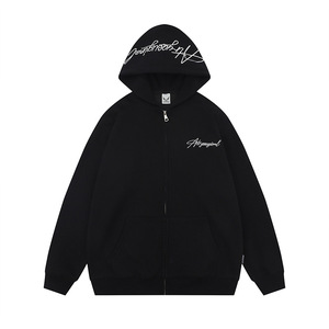 Sweat-shirt unisexe original <span class=keywords><strong>vintage</strong></span> de style américain rétro en coton lourd à capuche avec broderie multi-lignes et fermeture éclair - Product Image 1