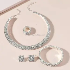 Rhinestone bridal dress accessories Necklace earrings ring bracelet four piece jewelry set