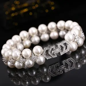 Trending CZ Zirconia Crystal Luxury Bridal 2 Row Wedding Indian Kundan Bead Pearl Tennis Bracelet Bangle for Boho Wrist Jewelry