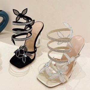 Sandales d'été pour femmes à brides croisées à la cheville, ornées de diamants, chaussures habillées scintillantes, escarpins uniques à talons hauts circulaires - Product Image 6