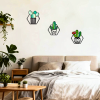 3 Buah Dekorasi Dinding Kaktus Logam Heksagonal Kaca Patri Sukulen untuk Ruang Tamu Kamar Tidur Dekorasi Interior Rumah