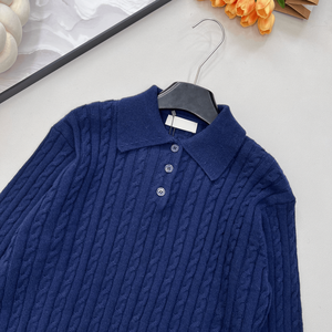 Suéter tipo polo de punto trenzado azul marino para mujer, con cuello, manga larga, informal, mius - Product Image 4