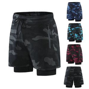 Erkek antrenman kıyafeti Camo desen yaz koşu şort kordonlu ve fermuar cepler ile hızlı kuru 2 in 1 spor salonu egzersiz şortu - Product Image 1