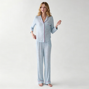 Customized Bamboo Fiber Cotton Women's Printed Long Sleeve Lapel Top and pants Soft Solid Color Collar Elastic Pajama Set - Product Image 1