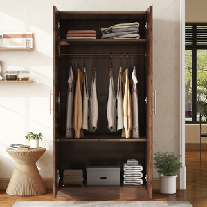 High Quality Scandinavian Design 2-Door Solid Wood <b>Wardrobe</b> Armoire with 3 <b>Storage</b> Shelves Brown Bedroom Furniture - Product Image 3