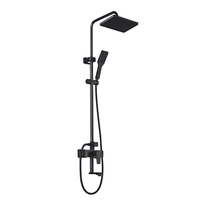 Ensemble de douche moderne apparent à trois fonctions avec mitigeur thermostatique à poignée unique, jets de pluie et de massage, et barre de douche coulissante