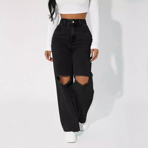 กางเกงยีนส์คลาสสิกเอวสูง,กางเกงยีนส์ขาตรงมีรูขาดเข่าสำหรับผู้หญิง - Product Image 6