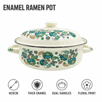 Bol à nouilles Senny 26 cm en émail motif floral avec couvercle, bassine de service pour ramen à double poignée, vente en gros directe usine