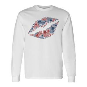 T-shirt a maniche lunghe con silhouette di labbra patriottiche con bandiera americana, 4 luglio - Product Image 1