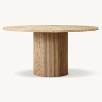 Table de salle à manger ronde en chêne de qualité supérieure avec plateau en marbre, style moderne minimaliste, piétement cylindrique cannelé, table de banquet artisanale pour hôtel et villa
