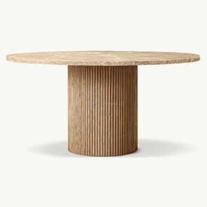 Mesa de Comedor Redonda de Roble Premium con Tapa de Mármol, Pedestal Cilíndrico Acanalado Moderno y Minimalista, Mesa de Banquete Artesanal para Hotel y Villa - Product Image 2