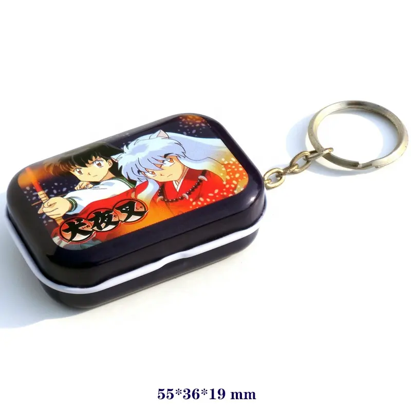 Hinged lid mini metal tin box with key chain mint candy pill toy storage tin case