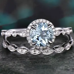รัศมีเพชร Cz แหวนหมั้นแฮนด์เมด,ชุดแหวนซ้อน S925สีฟ้าอ่อนวินเทจสำหรับเจ้าสาว
