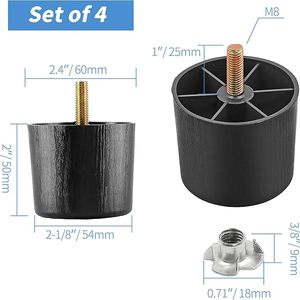 M8-1.25 Metric chủ đề bu lông đồ nội thất bằng nhựa chân 2 inch đen tròn thon chân sofa với t-nuts-couch feet thay thế - Product Image 6
