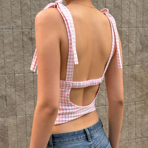 Top Camisero Transpirable de Tela Tejida con Cuadros Rosas, Cuello en V en Contraste, Lazo Frontal y Espalda Abierta con Cordones, Sexy - Product Image 3