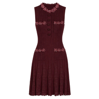 Robe Chic Décontractée Femme 2026 en Maille avec Appliques Florales 3D, Col, Poches, Jupe Plissée, Ourlet Évasé, Sans Manches, Côtelée, pour Soirée, Été, Élégante