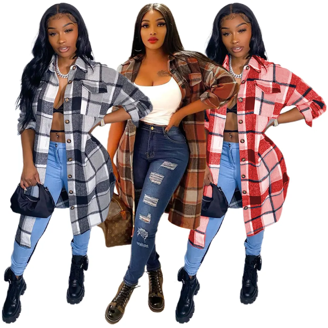 2021 Fall Autumn Hot Style Women Flannel Shirt Plaid Long Sleeve Top Ladies Fashionable Plaid Shirt Casual Jacket