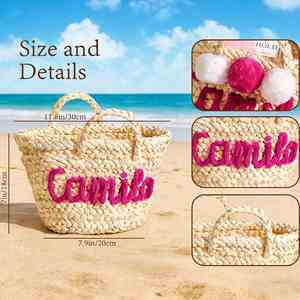 Cesta de Paja para Mujer, Cestas para Damas de Honor de Boda, Bolso de Playa para Viajes de Verano con Nombre, Regalo para Despedida de Soltera - Product Image 5