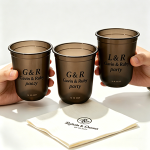 Vasos de Plástico Desechables Negros para Bodas de 300ml, 350ml y 700ml, Material PP, Forma de U, con Tapa de Cúpula y Servilleta, Resistentes - Product Image 1