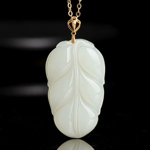 Pendentif en forme de feuille en jadéite blanche, en or 18 carats véritable, bijou en jade naturel, collier - Product Image 1