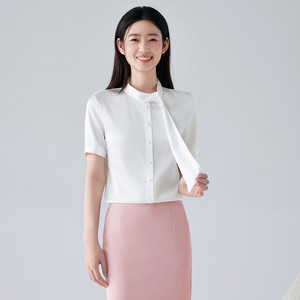 Women's Professional Summer Short Sleeve Blouse With Ribbon Solid Color Work Shirt For Commuting And Office Wear - Product Image 1