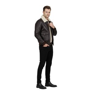 Veste en cuir d'aviateur pour homme, marron chocolat, avec col en fourrure, cuir véritable, veste d'aviateur, vêtement d'extérieur chaud pour l'hiver - Product Image 4