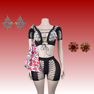 Venta al por Mayor W.E. Conjunto de Dos Piezas Personalizado OEM con Pedrería y Malla para Baile de Salón, Top Corto para Mujer, Material Spandex/Nylon - Product Image 1