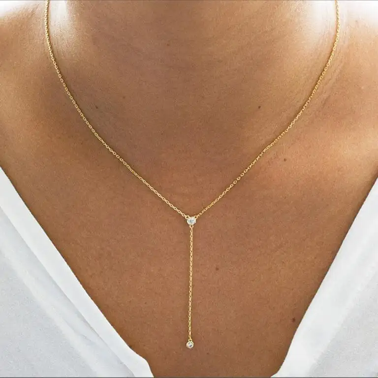 Joolim Jewelry Necklace 18K Gold Plated Dainty Dainty Cubic Zirconia Y Stainless Steel Bezel Lariat Necklaces