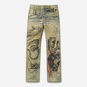 Vaqueros de mezclilla de corte recto para hombre con estampado pintado de dragón y guerrero, lavado a la arena, estilo urbano, cintura alta y cierre de botones - Product Image 1
