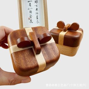 Wooden <b>Ring</b> <b>Box</b> Square Walnut Color Bow Shape Jewelry Display Gift <b>Box</b> For Wedding <b>Proposal</b> Birthday Holiday - Product Image 5