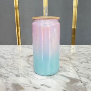 Gobelet vierge de 16 oz pour sublimation, avec paillettes dégradées arc-en-ciel irisées, pour café et soda, avec paille en plastique, pour impression DIY - Product Image 4